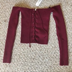 Lace Up Ribbed Off Shoulder Crop Top